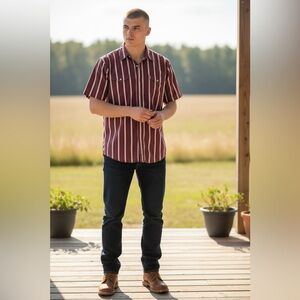 Wrangler Men's Burgundy and White Striped Casual Shirt made in USA